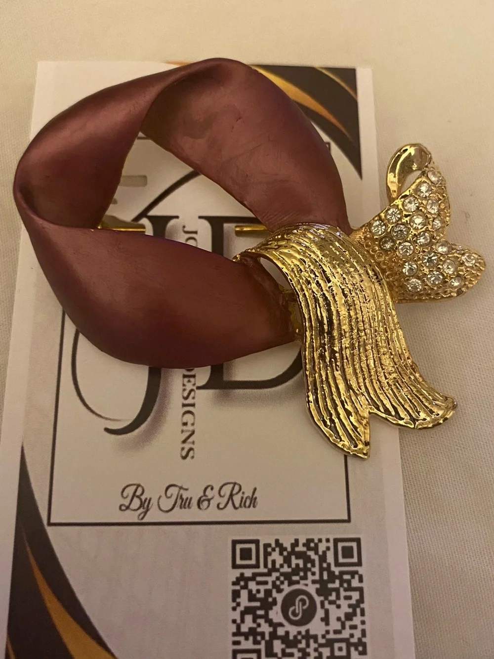 Mauve-Burgundy Bow Brooch with Gold-Tone & Crystal Accents